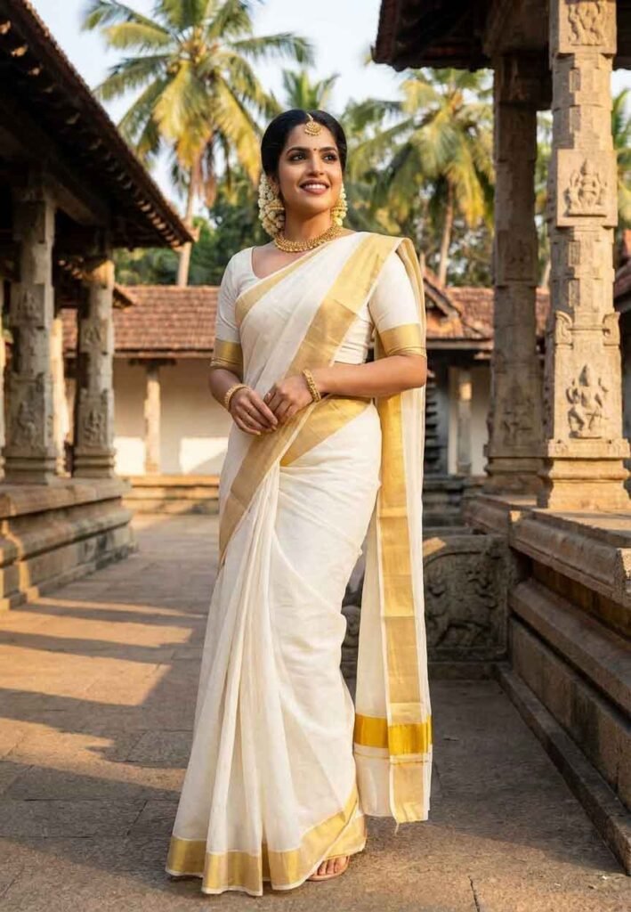 শাড়ির সাথে ব্লাউজ ম্যাচিং গাইড 10 white gold border kerala saree