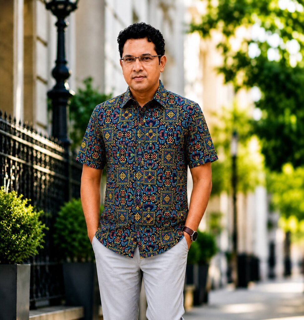 খাঁটি কটন কাপড় চেনার সহজ উপায় 2 Navy Blue Geometric Mosaic Print Half Sleeve Shirt