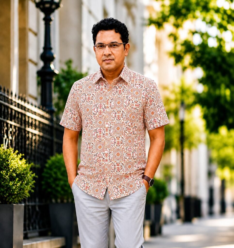 গরমে আরামদায়ক পোশাক নির্বাচন গাইড 9 Cream Peach Diamond Tile Print Half Sleeve Shirt